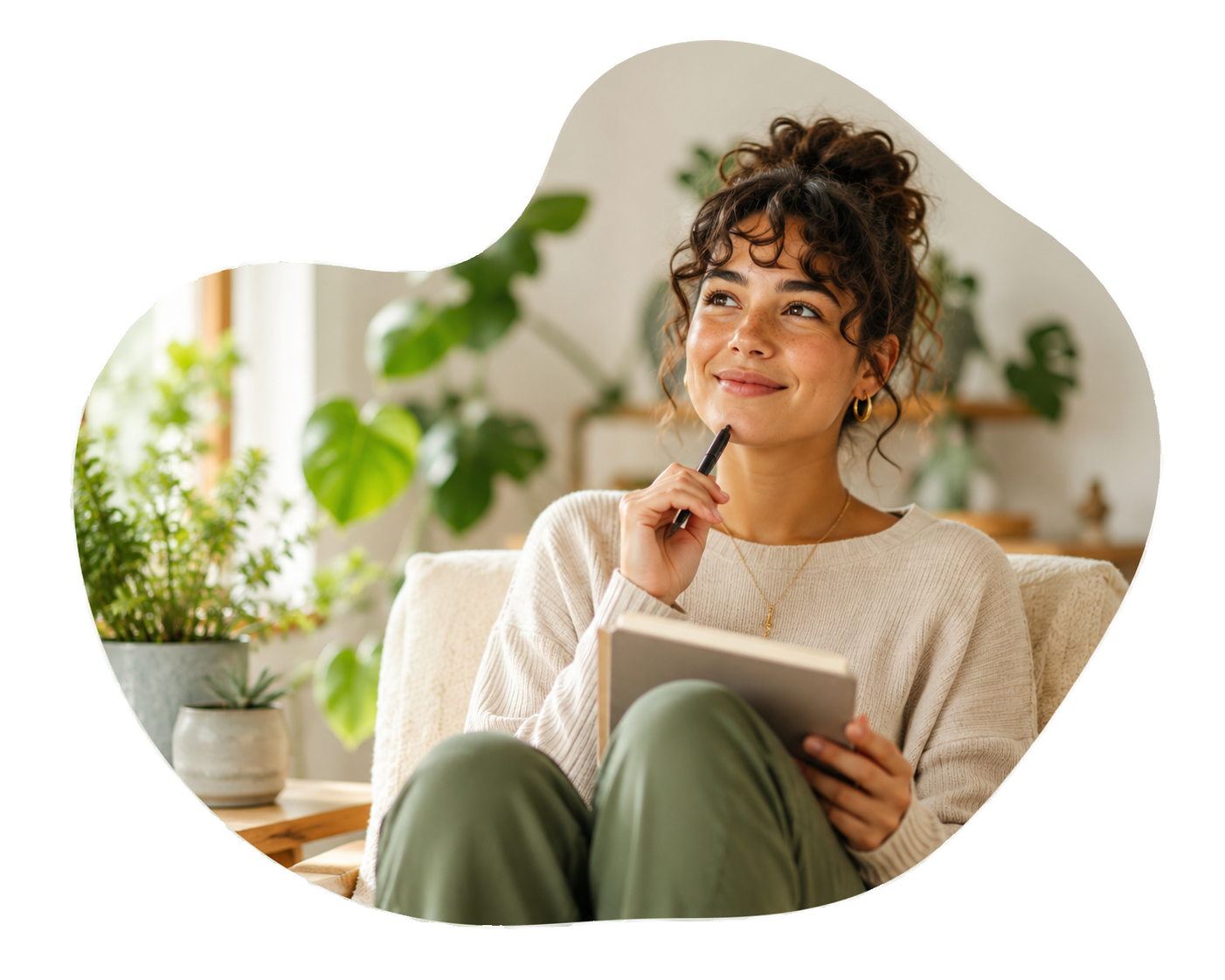 Ai generated image of a person taking a mental wellness quiz on a tablet, with a calm and supportive environment in the background.